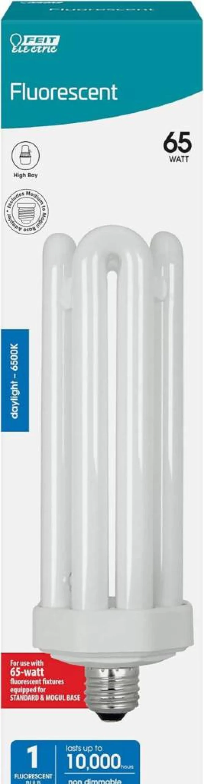 Feit Electric 65-Watt CFL Quad Tube Light Bulb, 300W Equivalent, E26 Base with Mogul Adapter, 6500K Daylight, 10,000-Hour Lifespan, for Residential & Commercial Use