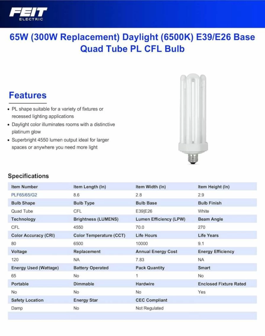 Feit Electric 65-Watt CFL Quad Tube Light Bulb, 300W Equivalent, E26 Base with Mogul Adapter, 6500K Daylight, 10,000-Hour Lifespan, for Residential & Commercial Use