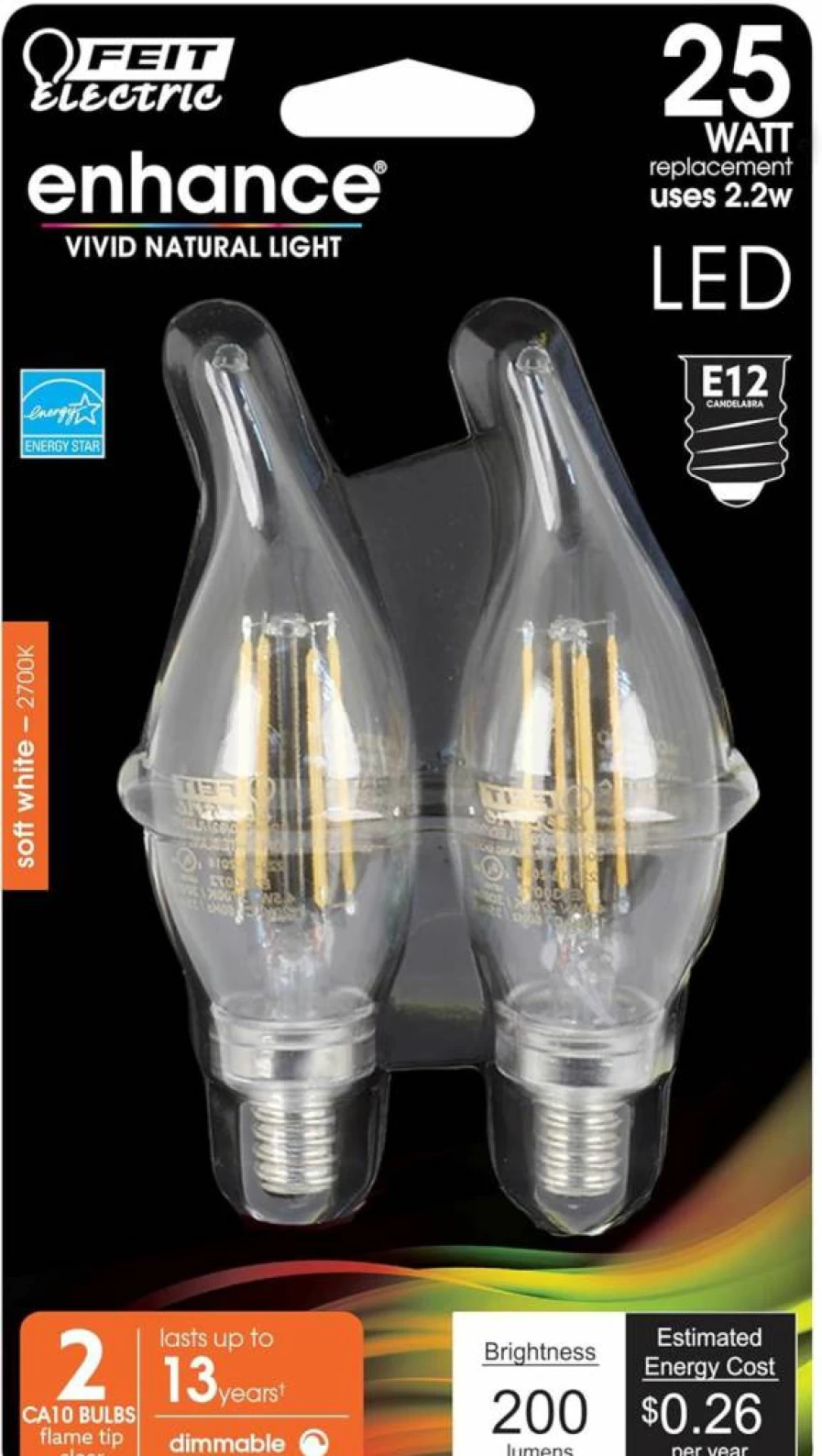 Feit Electric 25W Equivalent LED Candelabra Light Bulb, Warm White, 2-Pack, Energy Efficient, E12 Base
