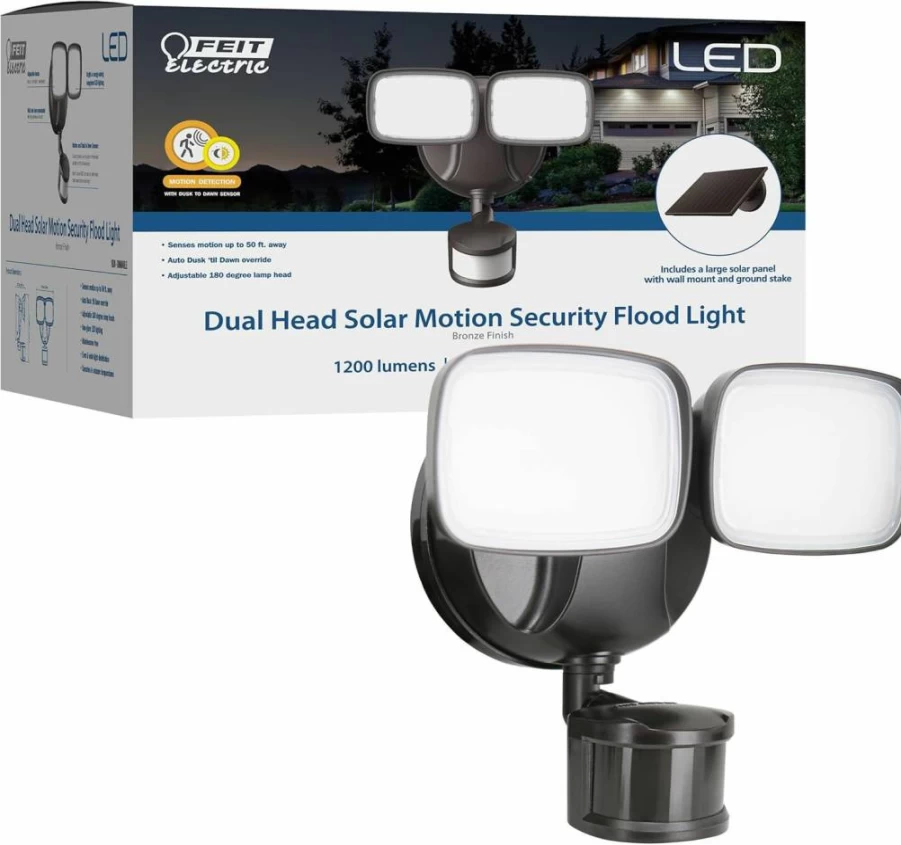 Feit Electric Solar-Powered LED Outdoor Floodlight with Motion Sensor, Dual Head 1200 Lumens, 5000K Daylight, 50,000-Hour Lifespan, Dusk-to-Dawn Security Light