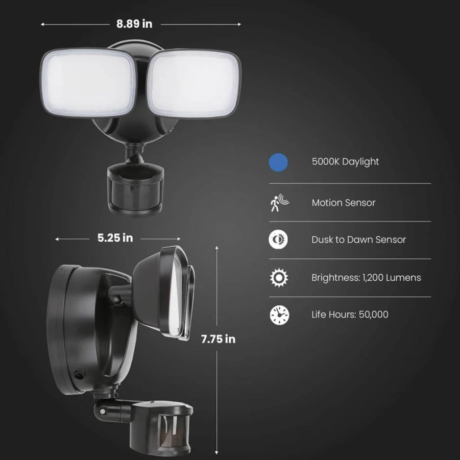 Feit Electric Solar-Powered LED Outdoor Floodlight with Motion Sensor, Dual Head 1200 Lumens, 5000K Daylight, 50,000-Hour Lifespan, Dusk-to-Dawn Security Light