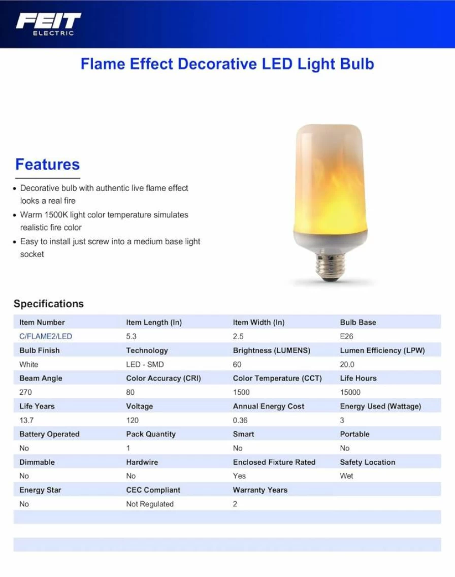 Feit Electric 3-Watt LED Flame Effect Light Bulb - 4 Pack, 1500K Warm White, 80 Lumen, E26 Base, Decorative Flickering Bulb, 15,000 Hours Lifespan
