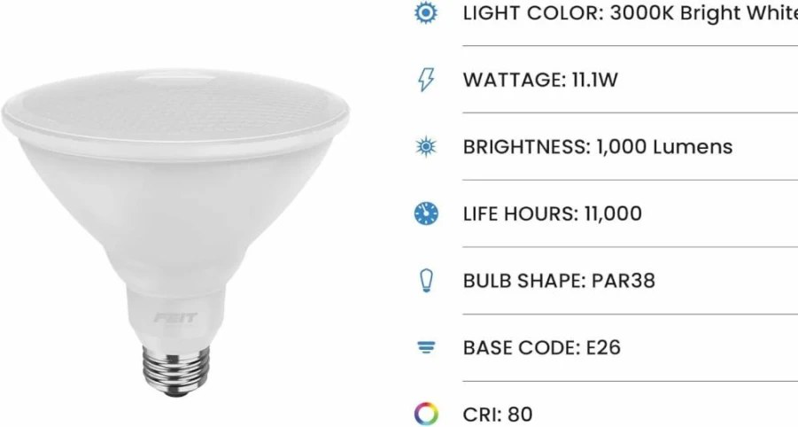Feit Electric PAR38 LED Bulb 2-Pack, 90W Equivalent, 1000 Lumens, 3000K Bright White, E26 Base, 11000 Hours Lifespan, Outdoor & Landscape Lighting