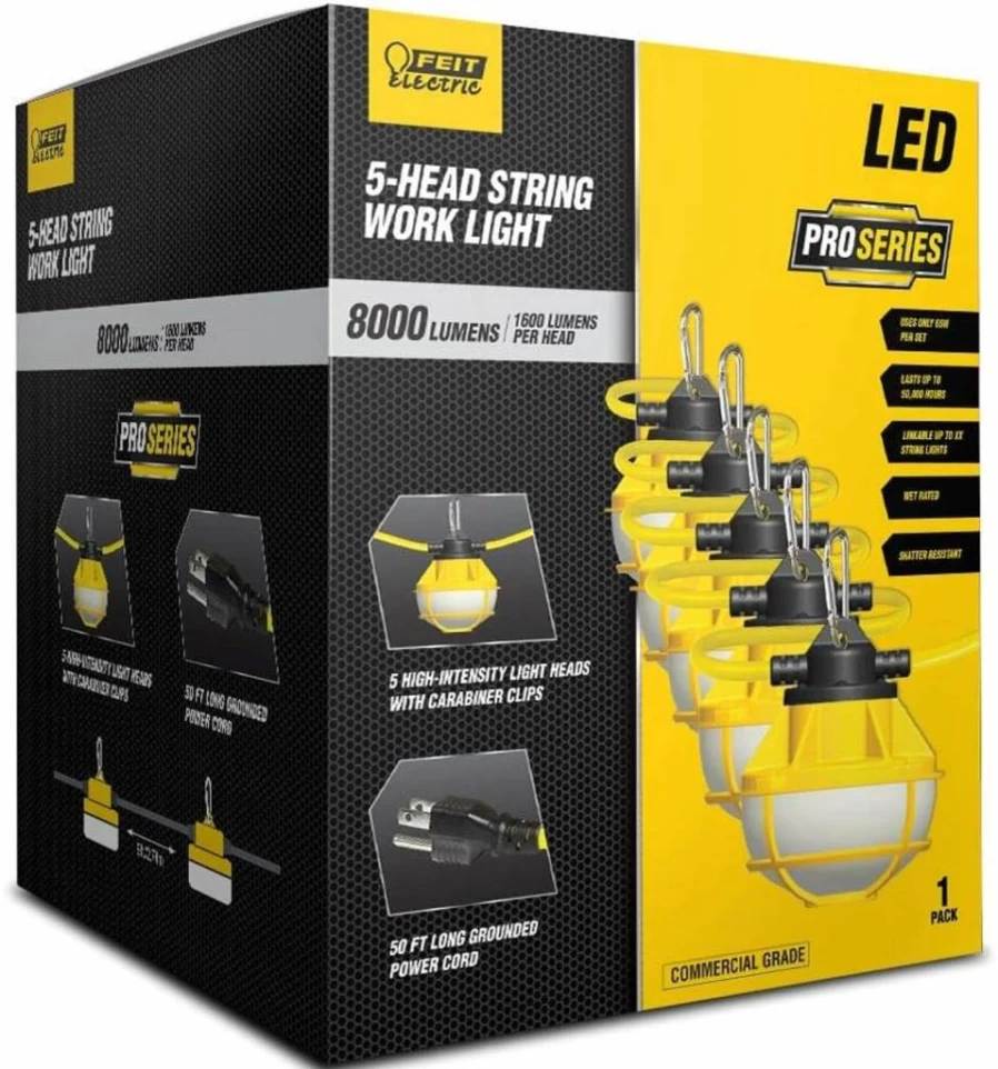 Feit Electric ProSeries 50Ft 5-Lamp LED Work Light - 8000 Lumens, 5000K Daylight, Waterproof Plug-In String Light for Outdoor and Wet Locations