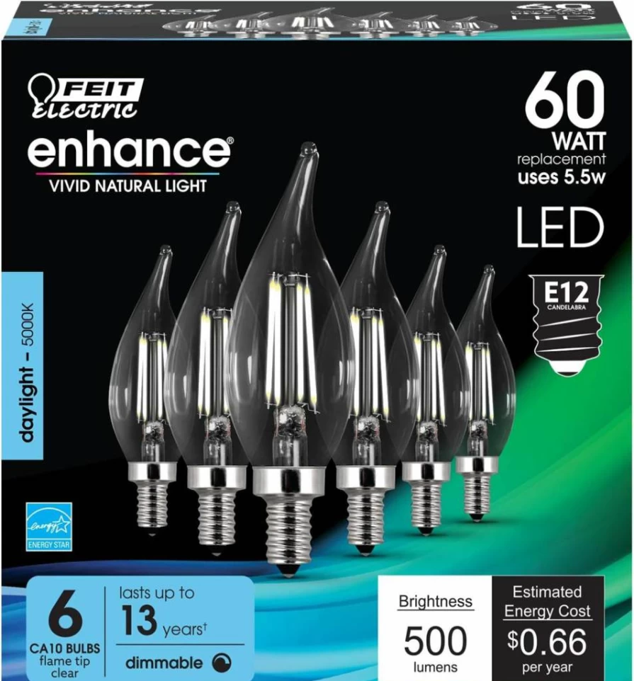 Feit Electric 40W Equivalent Dimmable LED Candelabra Light Bulb, 300 Lumens, 5000K Daylight, E12 Base, 6-Pack - Energy Efficient Filament Bulbs for Chandeliers