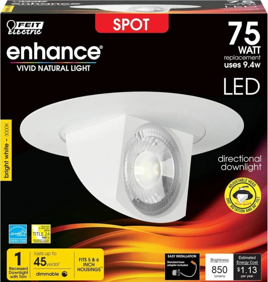 Feit Electric LED Recessed Downlight 5-6 Inch Adjustable, Dimmable 75W Equivalent, 540 Lumens, High CRI, Selectable Colors, 45-Year Lifespan (Model: Ledr56Scp/6Wyca)
