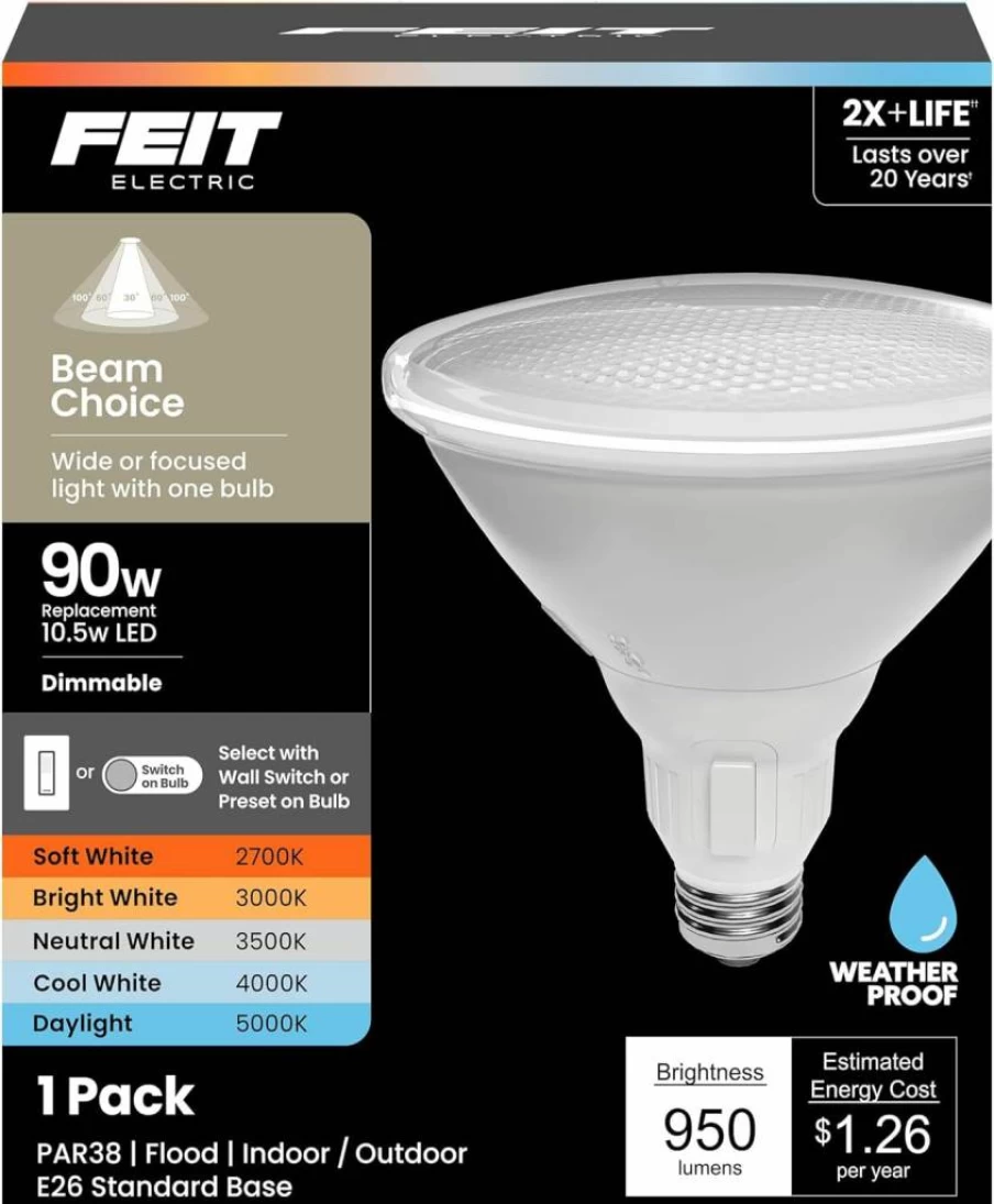 Feit Electric PAR38 LED Bulb 90W Equivalent Dimmable Adjustable Beam 2700K-5000K Adjustable White 90+ CRI Indoor Outdoor Track Light 25000 Hours Lifespan