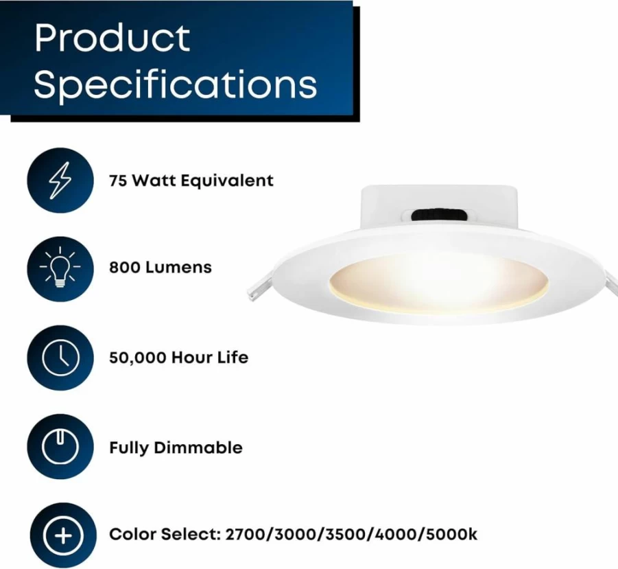 Feit Electric 6" LED Recessed Downlight 4 Pack, Dimmable Canless Design, 75W Equivalent, 800 Lumens, 5CCT Selectable White, 90 CRI, Integrated JBOX, Energy Efficient LEDR56JBX/6WYCA/4