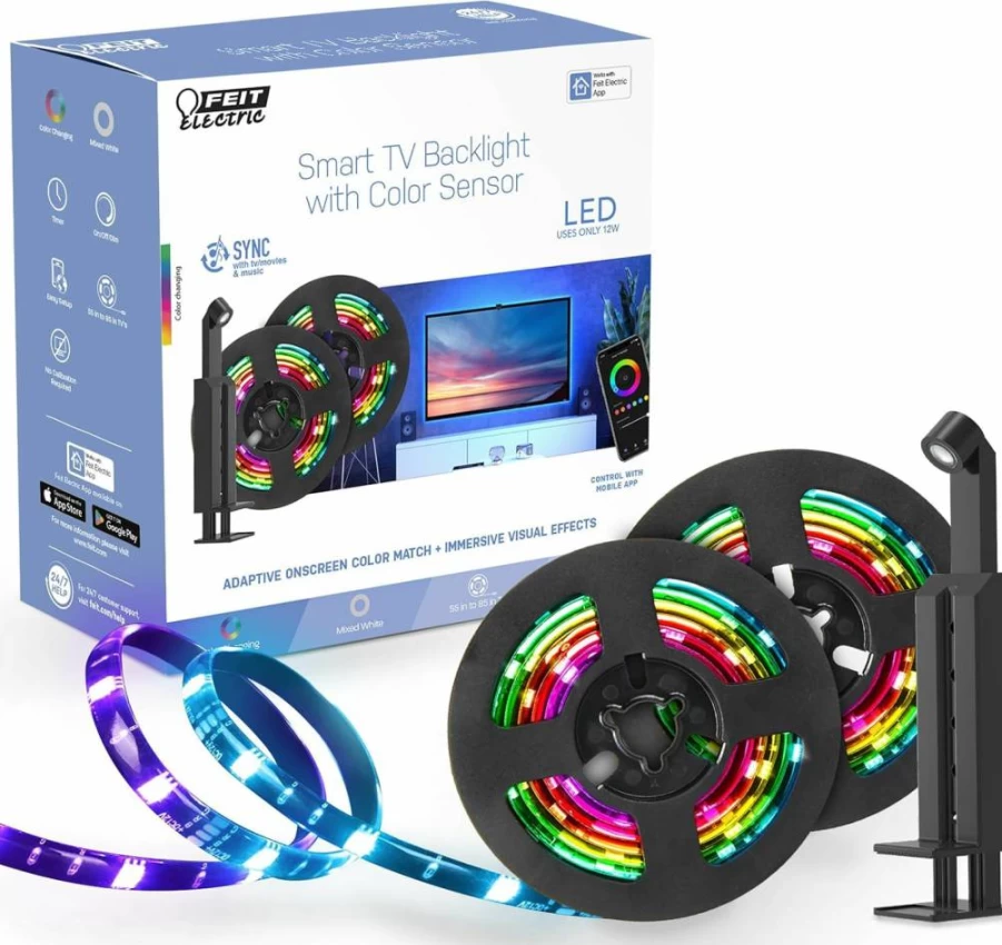 Feit Electric Smart TV RGB Backlight with Color Sensor - 11.5Ft LED Tape Light for 55" to 85" TVs, No Hub Required (Model: Tapetv85/Rgb/Ag)