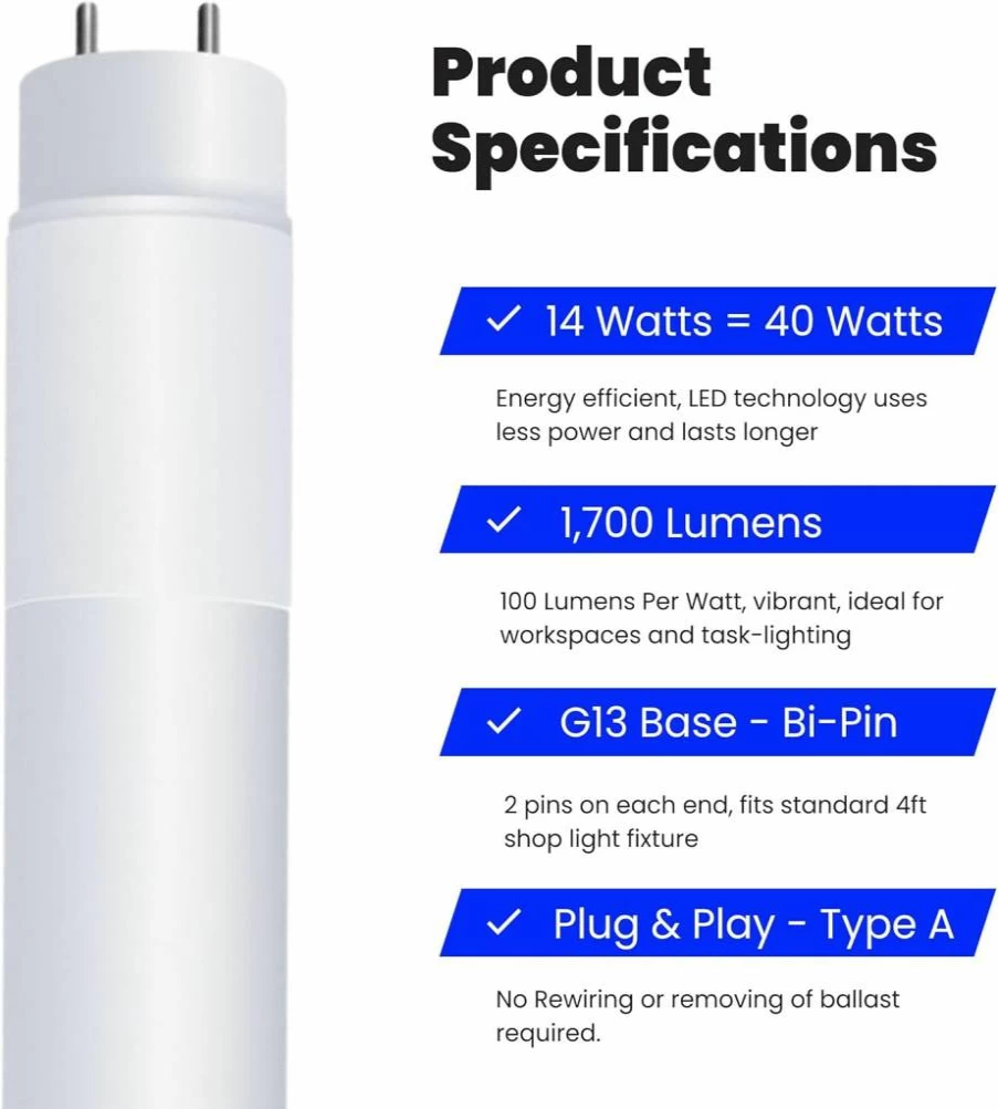 Feit Electric T8 LED Tube Lights 4-Foot, 40W Equivalent, Plug & Play, Cool White 4100K, Frosted, Type A Fluorescent Replacement, 4-Pack