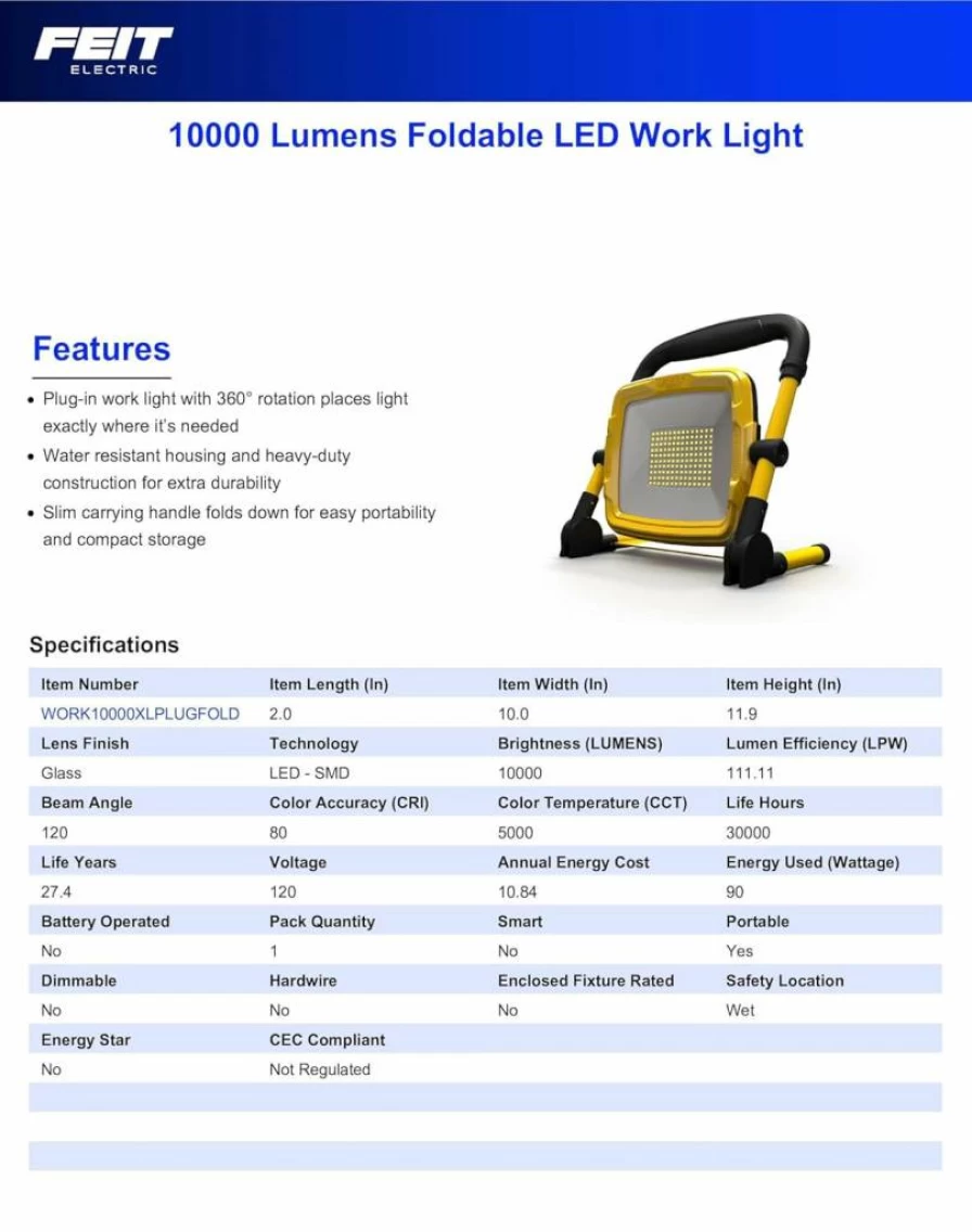 Feit Electric 10000XL Plug-In LED Work Light - 10,000 Lumens, 5000K Daylight, Heavy-Duty 18/3 Cord, Compact Folding Design, 30,000-Hour Lifespan, Portable Worksite Lighting