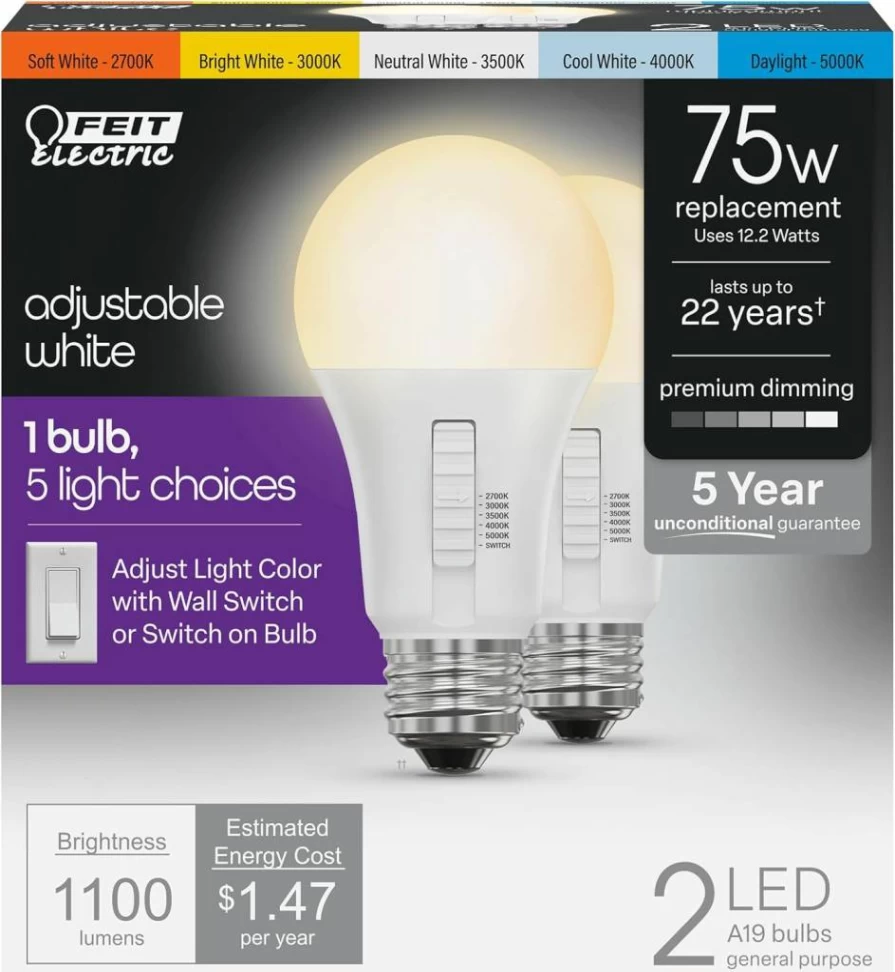 Feit Electric R20 LED Bulb 2 Pack, Dimmable 45W Equivalent, 6-Way Color Selectable 5CCT, E26 Base, 450 Lumens, 90 CRI, Damp Rated for Track/Spot Lights, 22-Year Lifespan