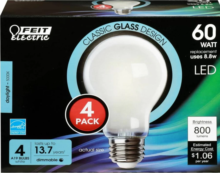 Feit Electric A19 LED Bulb 4 Pack, 60W Equivalent Dimmable, 800 Lumens Daylight 5000K, E26 Base, 90 CRI, 13-Year Lifespan, Energy Efficient Filament Light Bulbs