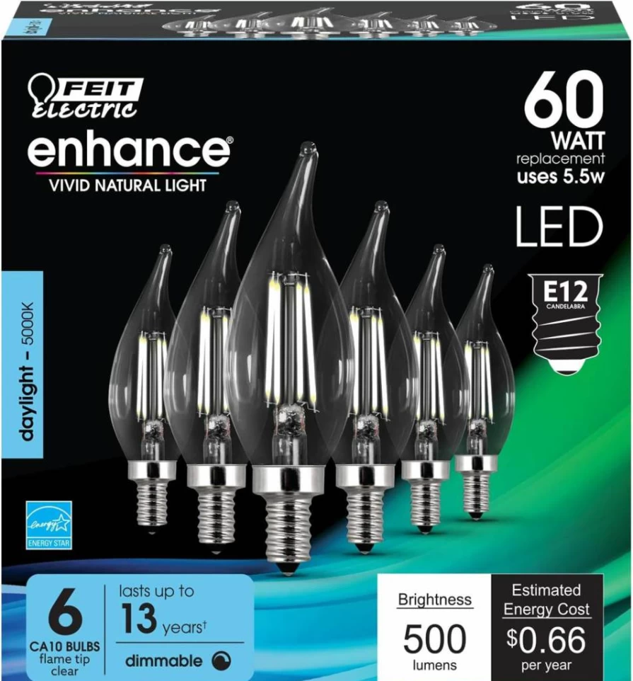 Feit Electric 40W Equivalent Dimmable LED Candelabra Light Bulb, 300 Lumens Soft White 2700K, E12 Base, Energy Saving, 6-Pack - CFC40/927CA/FIL/6