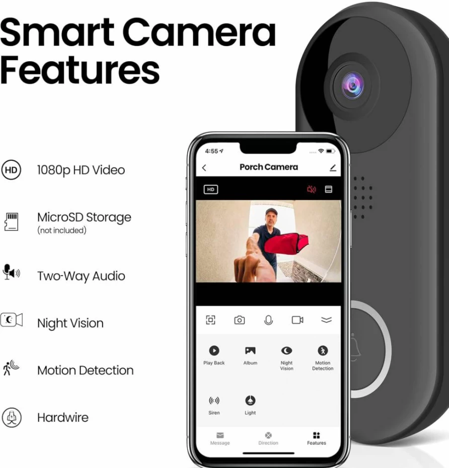 Feit Electric Smart Doorbell Camera with 1080P HD, Two-Way Audio, Motion Detection, Night Vision, No Hub Required, 2.4GHz WiFi, MicroSD Storage, Wireless Chime, Hardwired Installation
