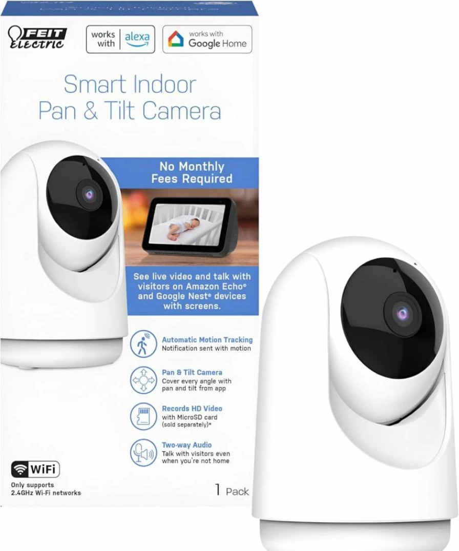 Feit Electric Indoor Security Camera 1080P HD with Pan-Tilt, 30ft Night Vision, Motion Detection, 2-Way Audio, Alexa & Google Assistant Compatible, 2.4GHz WiFi, Plug-In White (CAM/PAN/WIFI/G2)