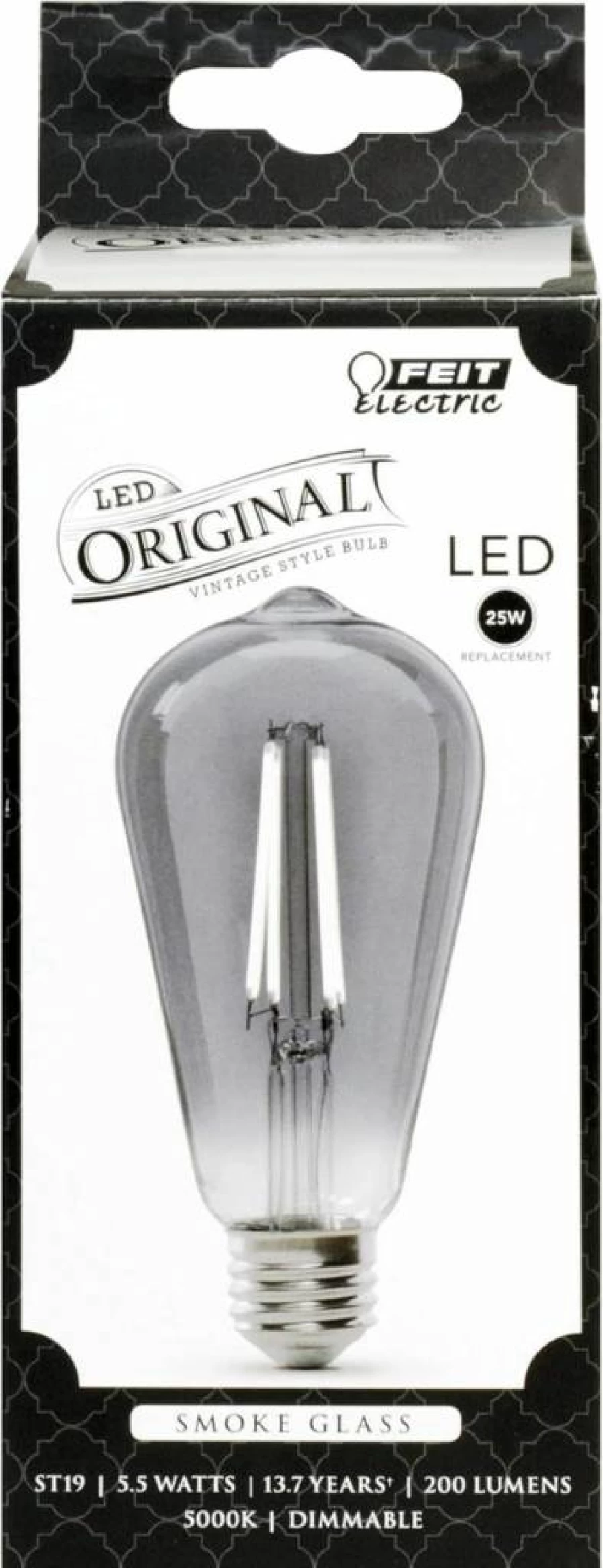 Feit Electric Vintage LED Bulb ST19 Smoke Glass 200 Lumen 5000K Daylight Dimmable E26 Base 25W Equivalent 10 Year Life Exposed Filament