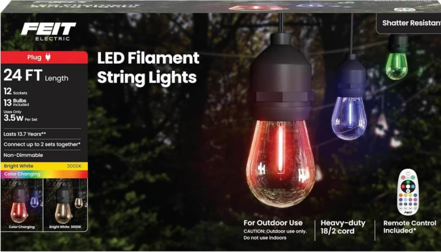 Feit Electric 24Ft Color Changing LED String Lights with Remote, 3000K Bright White, 15K-Hour Lifespan, Outdoor Heavy-Duty Linkable Lights, Model SL24-12/RGBW/WFIL