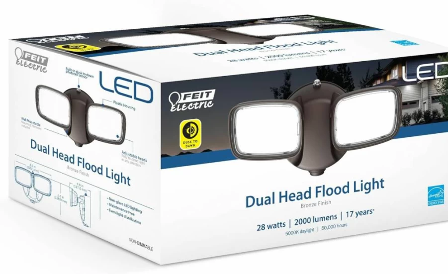 Feit Electric 28W LED Security Flood Light Outdoor, 2-Head Waterproof Wall Mount, 2000 Lumens Dusk to Dawn, 50K Hours Lifespan, White (S9Dfl/850/Dd/Wh)