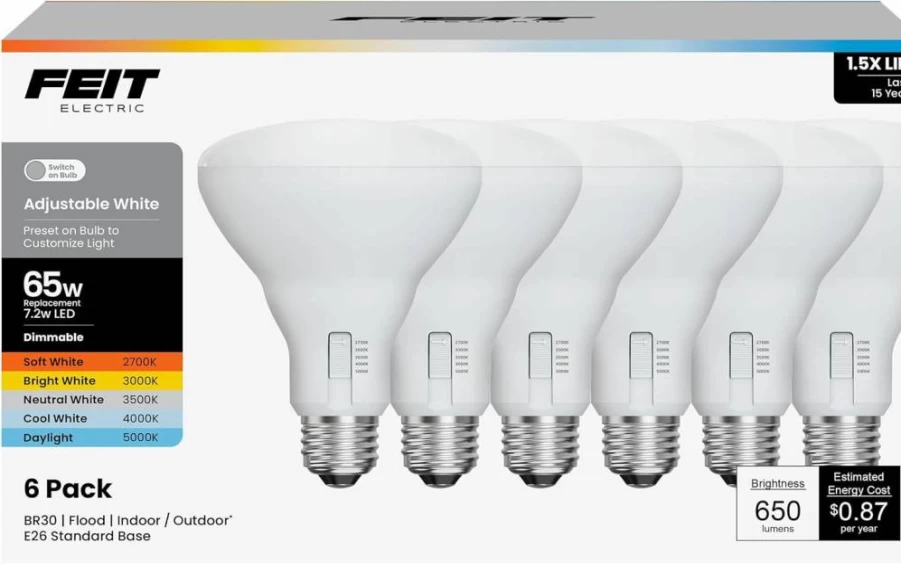 Feit Electric BR30 LED Flood Light Bulb 6-Pack, 65W Equivalent Dimmable, Adjustable White 2700K-5000K, 650 Lumens, Indoor/Outdoor Use, 17,000 Hours Lifespan, Energy Star Certified