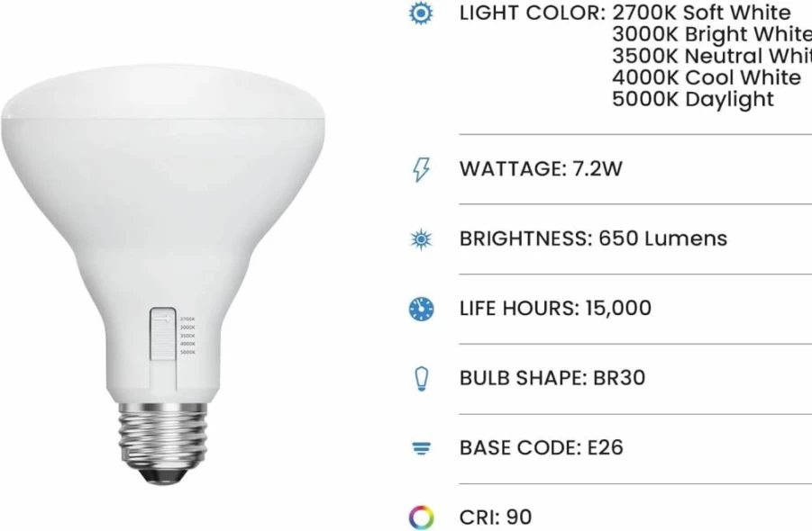 Feit Electric BR30 LED Flood Light Bulb 6-Pack, 65W Equivalent Dimmable, Adjustable White 2700K-5000K, 650 Lumens, Indoor/Outdoor Use, 17,000 Hours Lifespan, Energy Star Certified