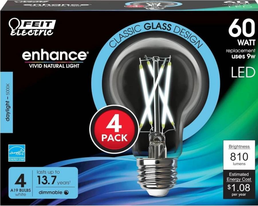 Feit Electric A19 LED Light Bulb 4-Pack - 60W Equivalent, 810 Lumen Daylight (5000K), Dimmable, 15-Year Lifespan, Medium Base E26