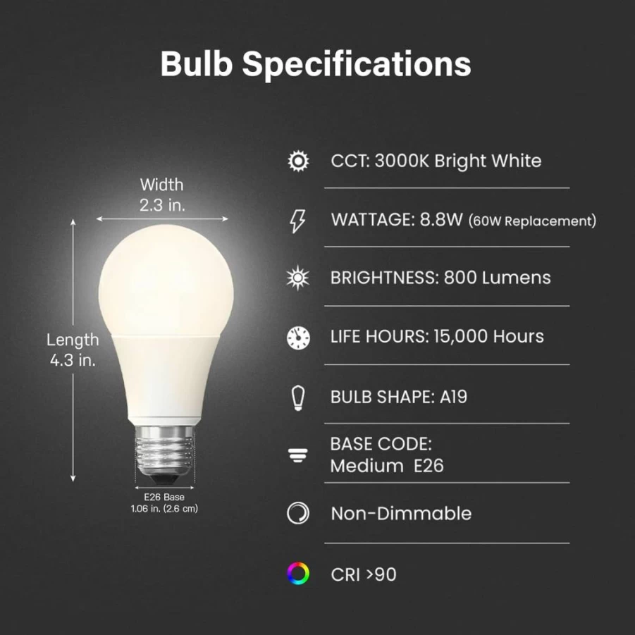 Feit Electric A19 LED Light Bulb 60W Equivalent E26 Base 3000K Bright White 800 Lumens for Marine/RV 15,000 Hours Lifetime Om60/930Ca/LED-12/BX (1-Pack)