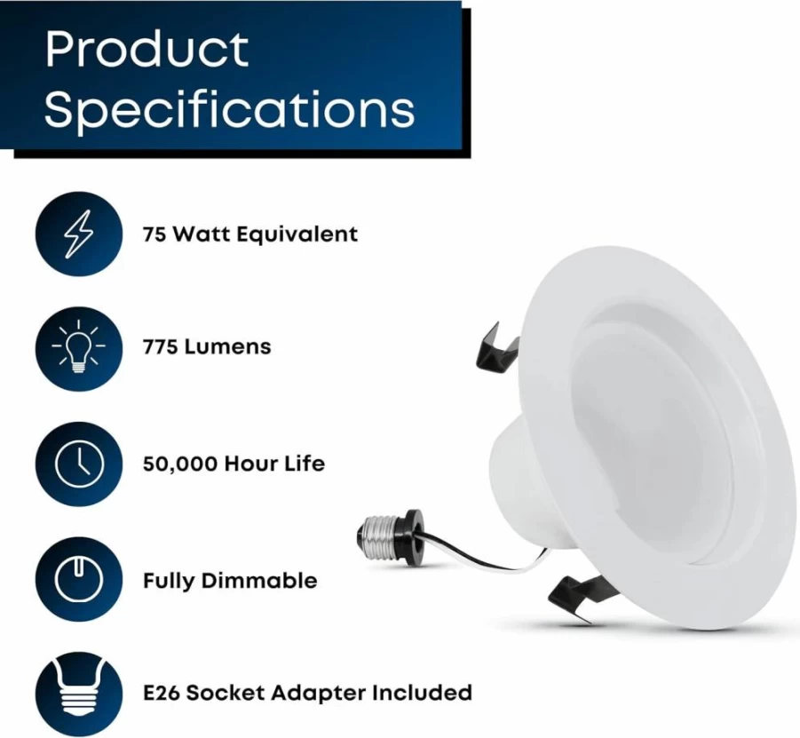 Feit Electric 6-Pack 4 Inch LED Recessed Downlight with Baffle Trim, Dimmable 5000K Daylight, 50W Equivalent, 540 Lumens, E26 Base, 45-Year Lifespan (LEDR4B/950CA/MP/6)