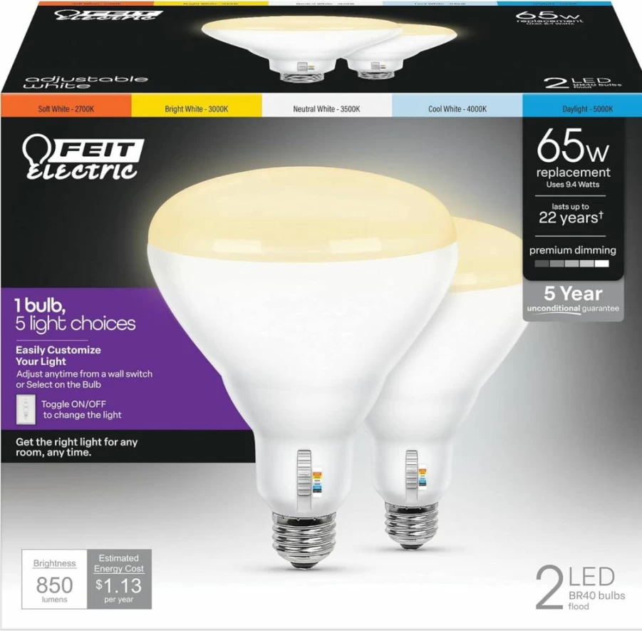 Feit Electric BR30 LED Bulb 2 Pack - 65W Equivalent, Dimmable, 6-Way Color Selectable, 650 Lumens, 90 CRI, E26 Base, Damp Rated, 22-Year Lifespan