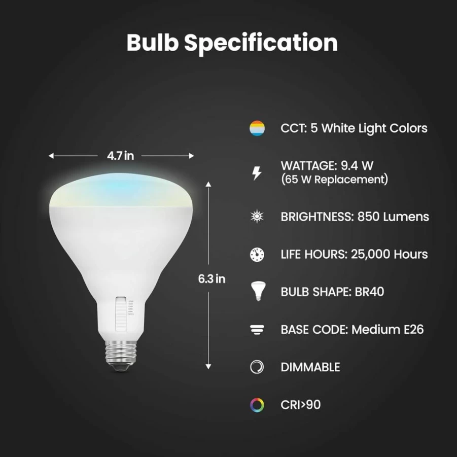 Feit Electric BR30 LED Bulb 2 Pack - 65W Equivalent, Dimmable, 6-Way Color Selectable, 650 Lumens, 90 CRI, E26 Base, Damp Rated, 22-Year Lifespan