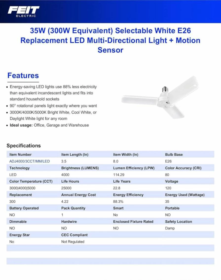 Feit Electric LED Garage Light 4000 Lumens, 3 Panel Adjustable Shop Light Bulb, 5000K Daylight, E26 Base, Non-Dimmable Ceiling Light, White, Energy Efficient