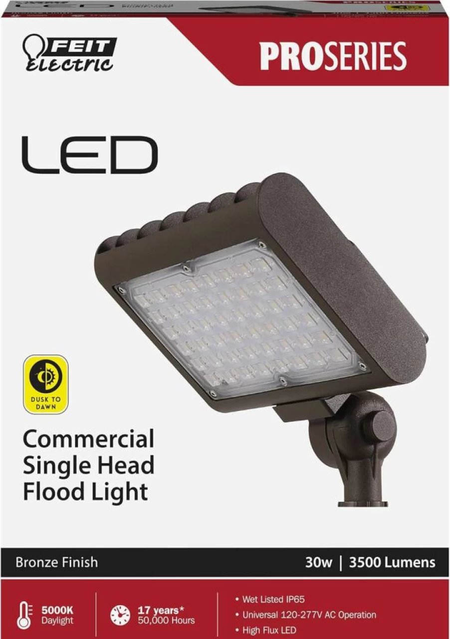Feit Electric 50W LED Flood Lights Outdoor, 6000 Lumens, Dusk to Dawn Sensor, 5000K Daylight, Adjustable Bronze Commercial Fixture, 120-277V AC, UL Listed, 4-Pack (S8.5Csfl/850/Bz/4)
