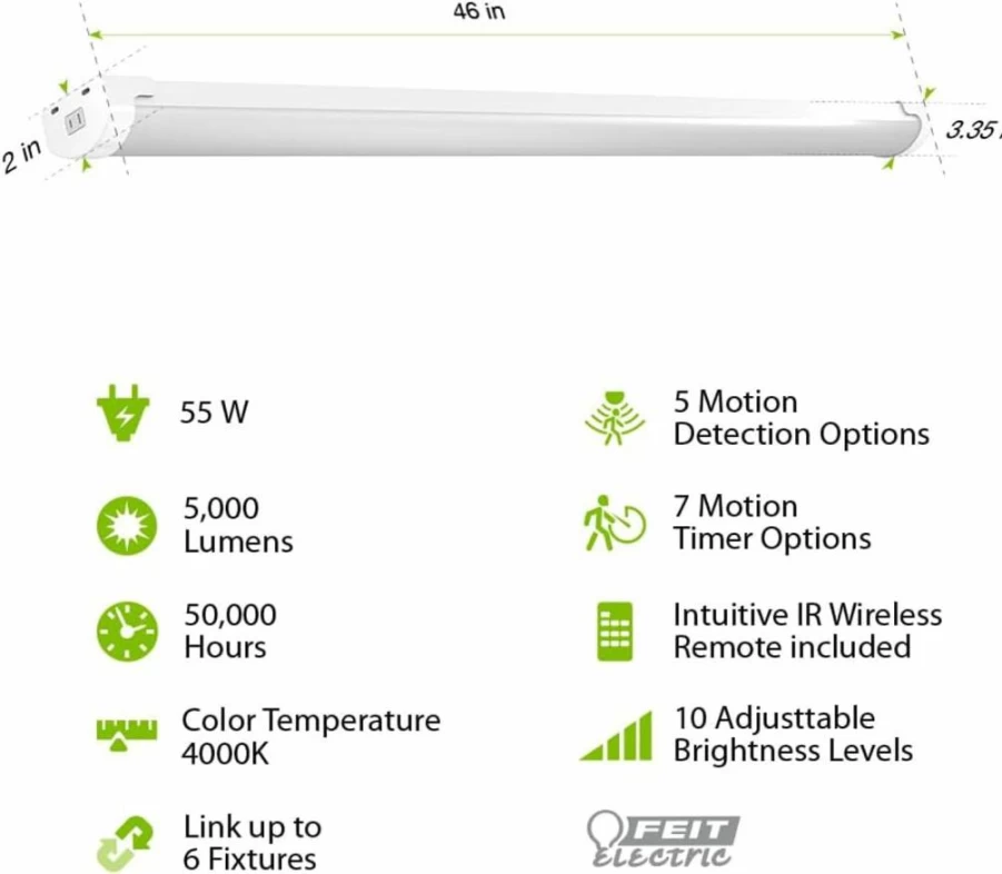 Feit Electric 46" LED Shop Light with Motion Sensor, Remote Control, 5000 Lumens, 4000K Cool White, 55W Energy-Efficient for Garage, Workshop, Storage