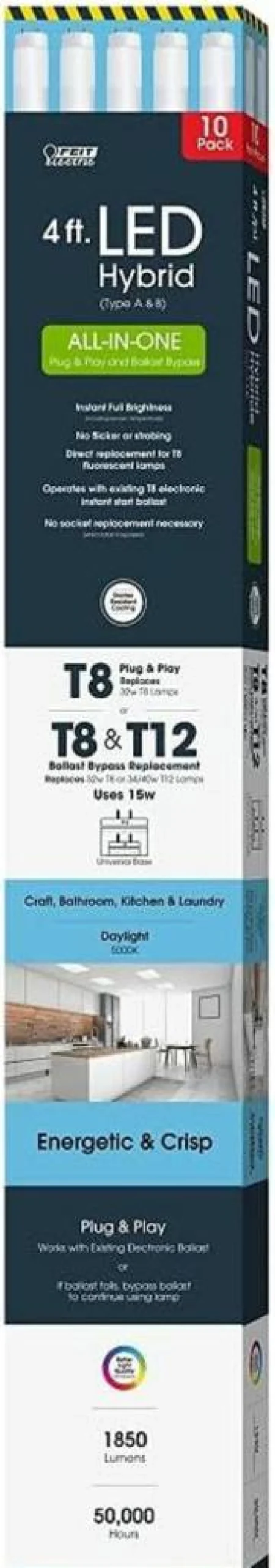 Feit Electric 10-Pack T8 LED Tube Lights 4Ft, 15W=40W Equivalent, 5000K Daylight, Plug and Play or Ballast Bypass, Type A/B, UL Listed, Fluorescent Replacement