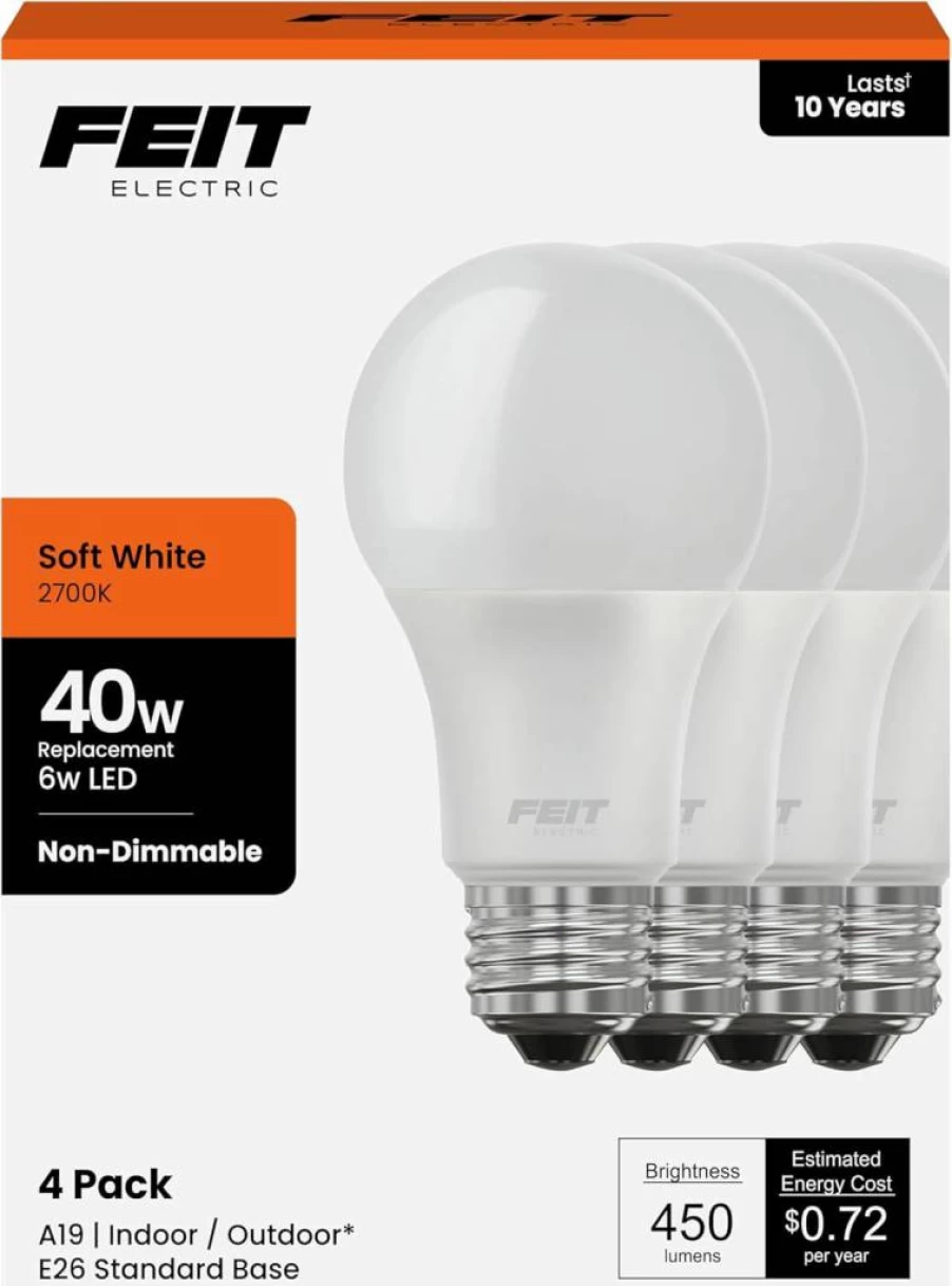 Feit Electric A19 LED Light Bulb 4-Pack, 40W Equivalent, 450 Lumens, 3500K Neutral White, E26 Base, 11,000-Hour Lifespan, for Home & Commercial Use