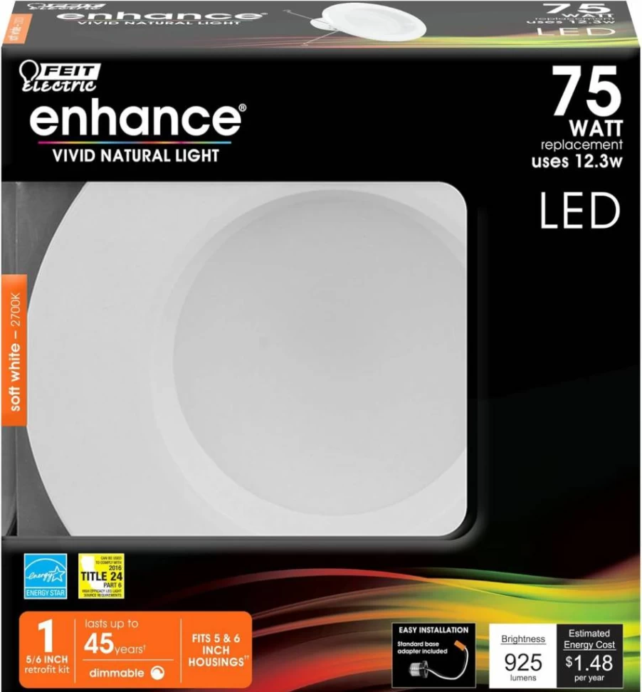Feit Electric LED Retrofit Downlight Kit 5/6-Inch, Dimmable Adjustable White 2700K-5000K, 75W Equivalent, 90+ CRI, 50K Hours Lifespan, Baffle Trim, Recessed Can Light, LEDR56B/6WYCA/MP/6