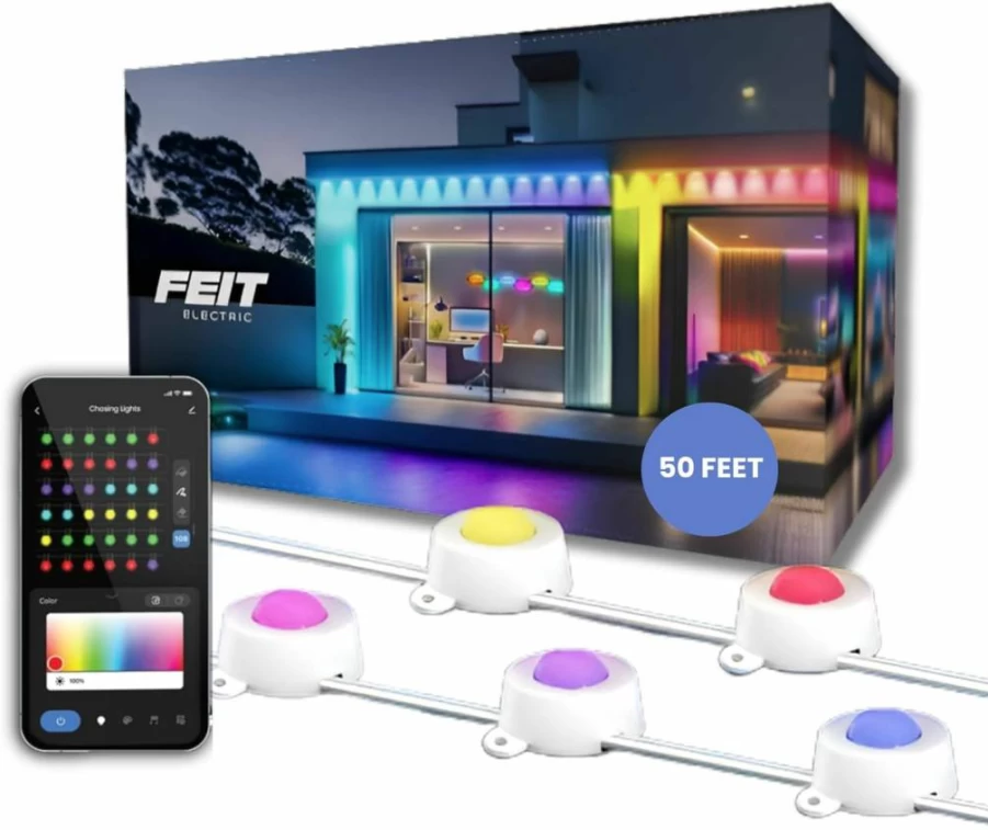 Feit Electric Smart Outdoor RGBIC String Lights 50Ft, Tunable White WiFi 2.4Ghz, Alexa Google Assistant Compatible, Weatherproof LED Christmas Lights SL50-30/RGBTW/AG