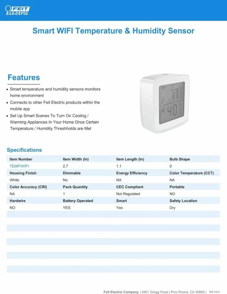 Feit Electric Smart WiFi Temperature & Humidity Sensor - Wireless Digital Monitor, Remote App Alerts, No Hub Needed for Indoor Climate Control