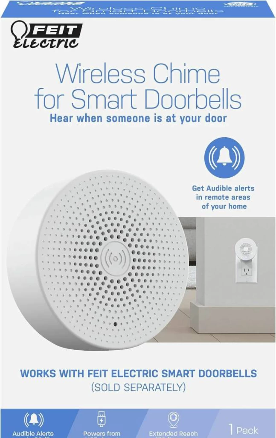 Feit Electric Smart Doorbell Wireless Chime - USB Powered, 4 Customizable Sounds, 80dB Alert, 150ft Range, Compatible with Feit Smart Doorbells (Sold Separately)