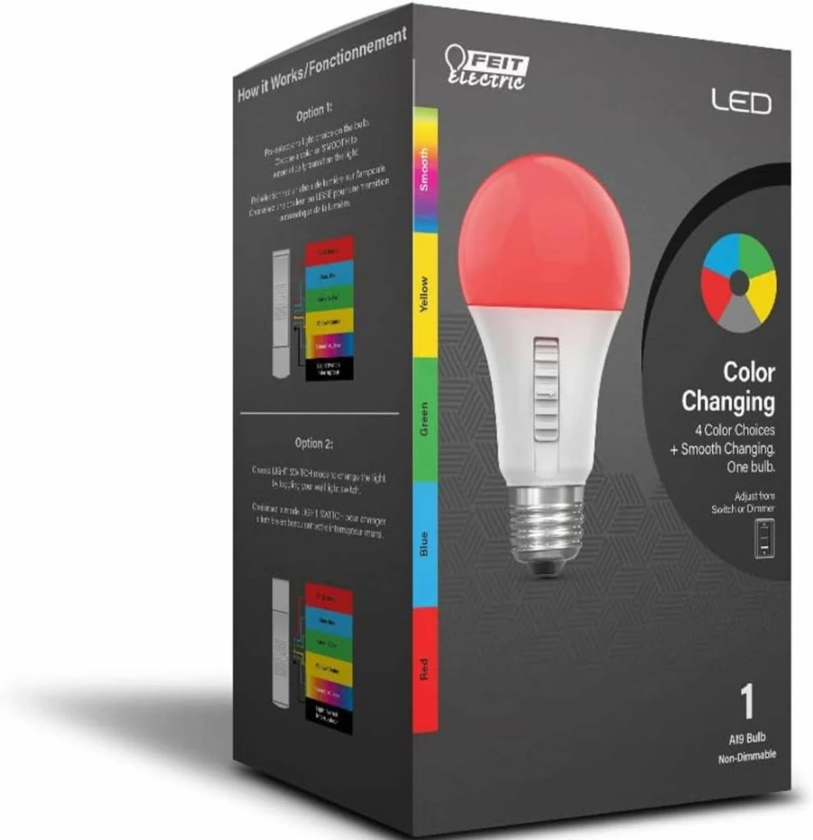 Feit Electric A19 LED Color Changing Light Bulb - E26 Base - 60W Equivalent - 15 Year Lifespan - Dimmable Smart Bulb