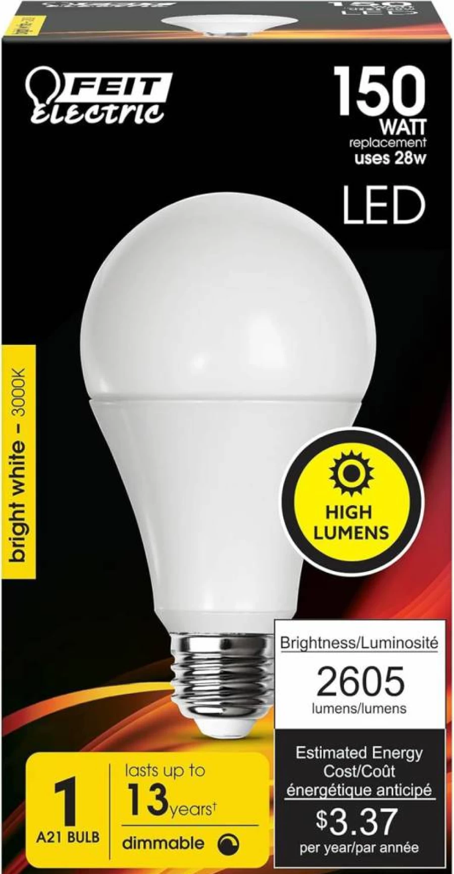 Feit Electric A23 LED Light Bulb 300W Equivalent 4060 Lumens E26 Base 3000K Soft White Non-Dimmable Damp Rated 22 Year Lifetime High Output Energy Efficient