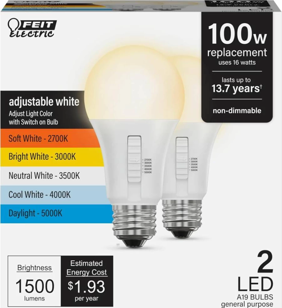 Feit Electric A19 LED Light Bulb 2 Pack, 60W Equivalent, 800 Lumens, Adjustable White (5 CCT Options), Non-Dimmable, E26 Base, 90 CRI, 13.7 Year Lifespan, Energy Efficient Omni-Directional Bulb