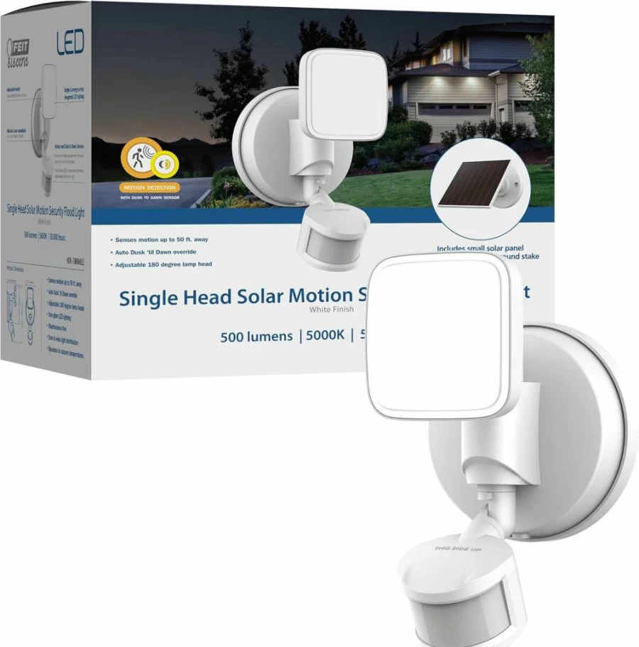 Feit Electric Solar-Powered LED Outdoor Floodlight with Motion Sensor, 500 Lumens Daylight (5000K), Dusk-to-Dawn, Adjustable Head, 50 Ft Range, 50,000-Hour Lifespan