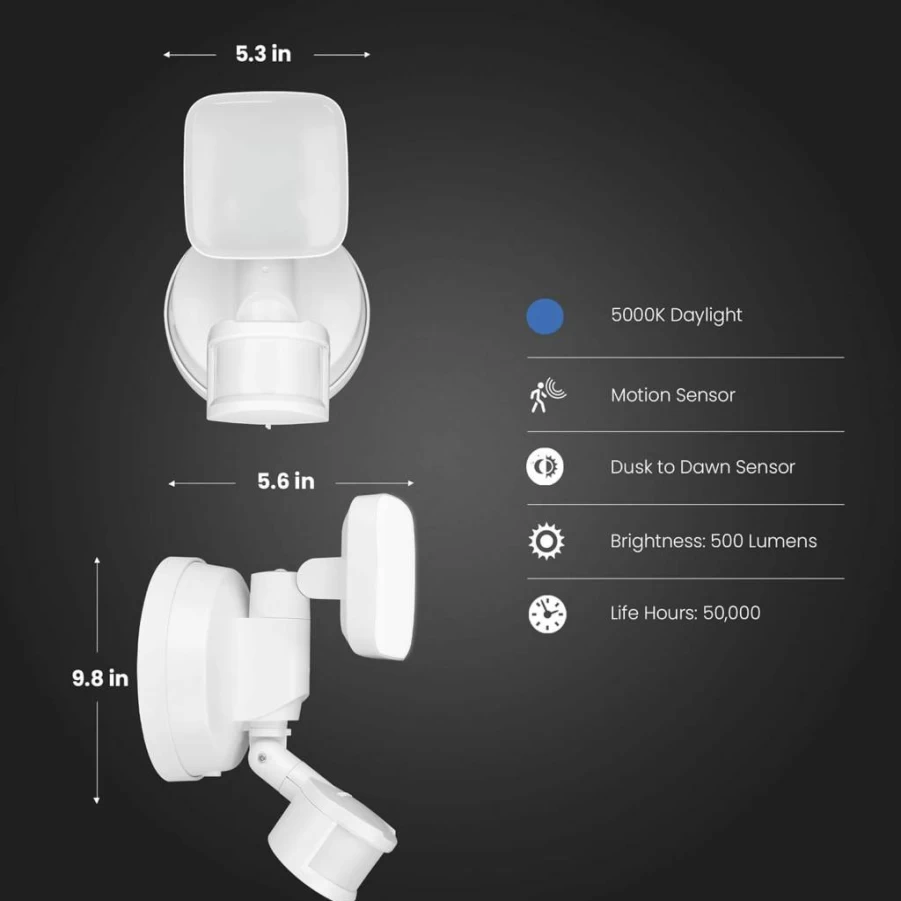 Feit Electric Solar-Powered LED Outdoor Floodlight with Motion Sensor, 500 Lumens Daylight (5000K), Dusk-to-Dawn, Adjustable Head, 50 Ft Range, 50,000-Hour Lifespan