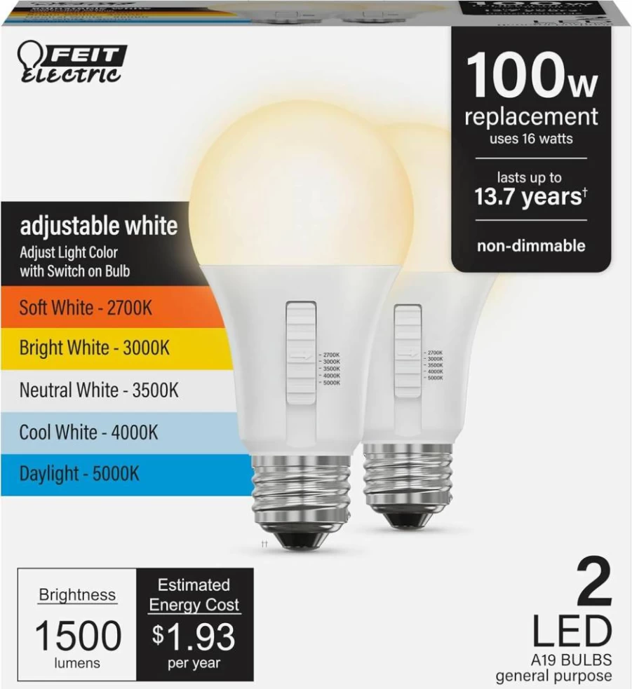 Feit Electric BR30 LED Bulb 2 Pack - 65W Equivalent, Dimmable, Adjustable White (5 CCT), 650 Lumens, 90 CRI, E26 Base, 13-Year Lifespan