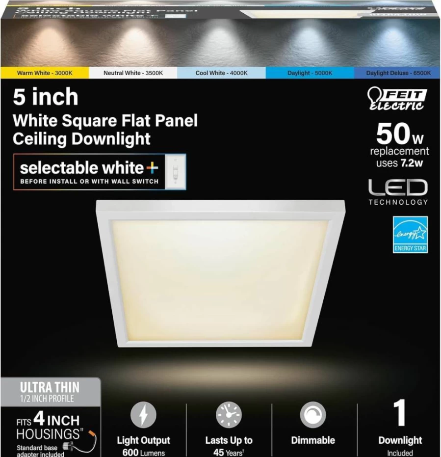 Feit Electric 4 Inch LED Recessed Downlight, Dimmable Flat Panel Ceiling Light with Adjustable Color Temperature, Fits Standard 4 Inch Can Housing, 74202/6Wyca