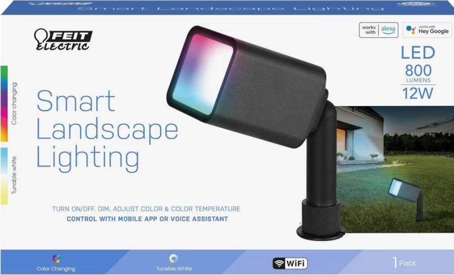 Feit Electric Smart Outdoor Landscape Light - 12W RGBW Color Changing, 800 Lumens, Tunable White 2700K-5000K, WiFi Dimmable, Alexa & Google Home Compatible, Weatherproof Matte Black Fixture