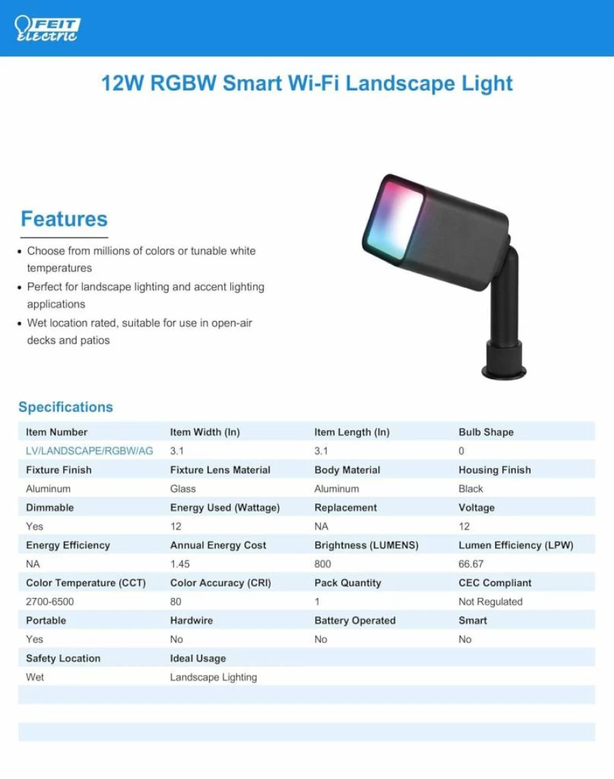 Feit Electric Smart Outdoor Landscape Light - 12W RGBW Color Changing, 800 Lumens, Tunable White 2700K-5000K, WiFi Dimmable, Alexa & Google Home Compatible, Weatherproof Matte Black Fixture
