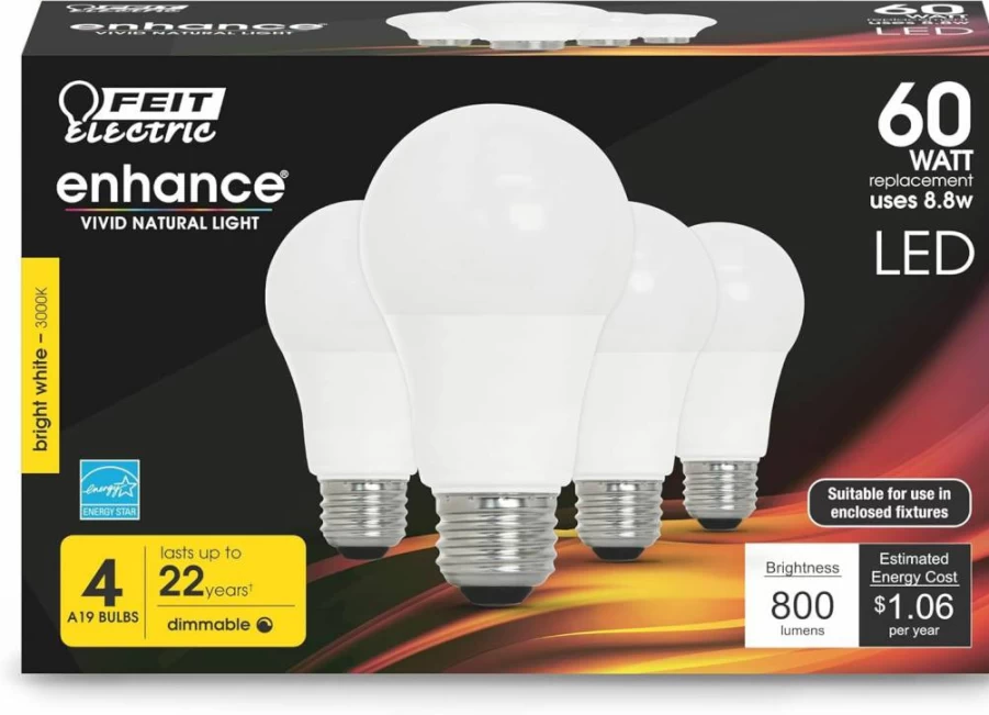 Feit Electric A19 LED Bulb 4 Pack, 60W Equivalent Dimmable, 800 Lumens E26 Base, 3000K Bright White, CRI 90, 25,000 Hours Lifetime, Energy Efficient 8.8W, Om60Dm/930Ca/4