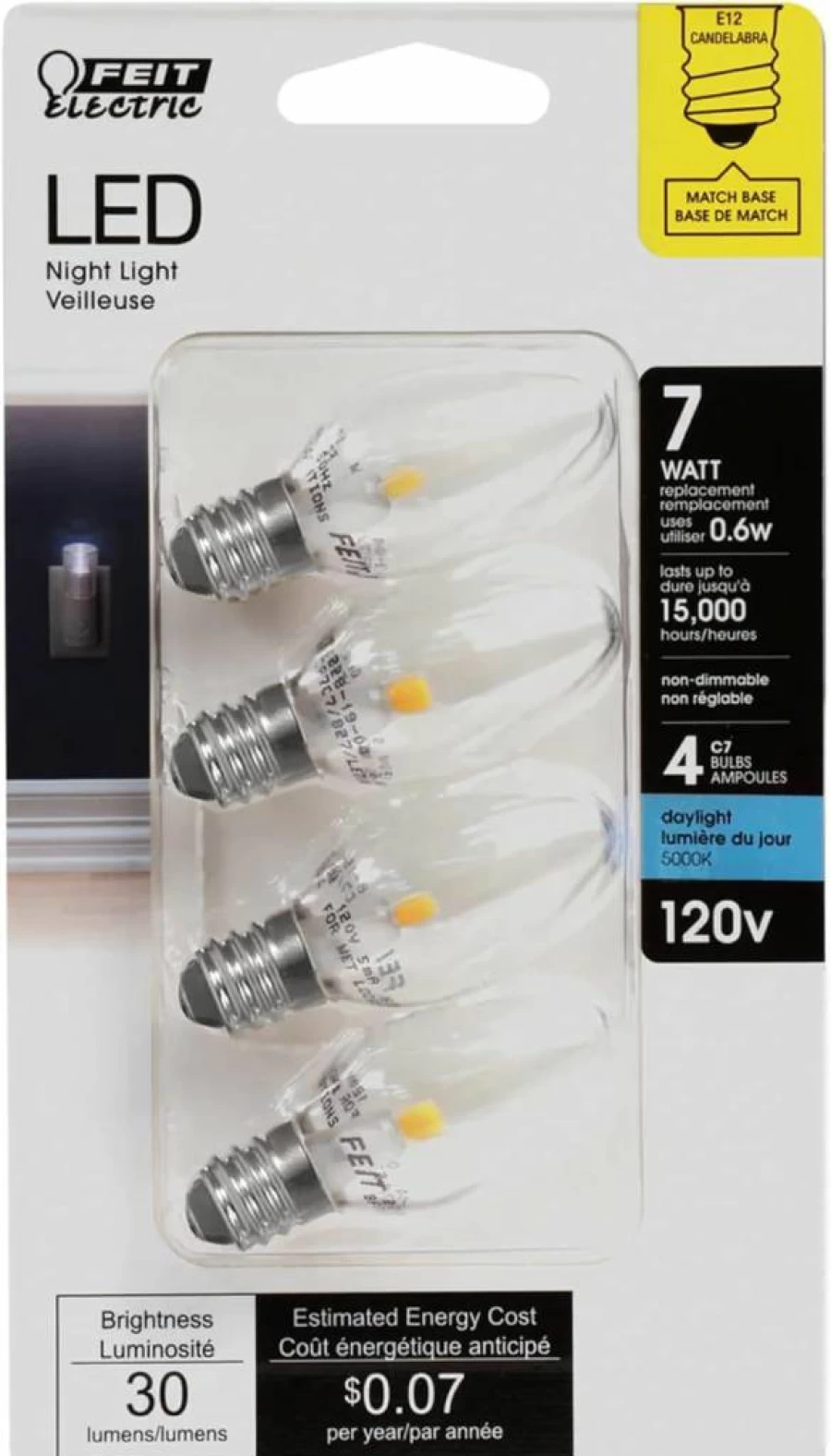 Feit Electric 4-Pack C7 LED Night Light Bulbs, 7W Equivalent, 30 Lumen, Candelabra Base, 2700K Soft White, 2.1" Height, 0.9" Diameter, Energy Efficient